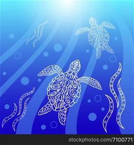 Water turtles swim up. Rays, bubbles, light. Drawing in ethnic aboriginal style. Blue background. Water turtles swim up
