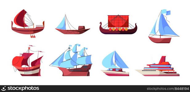 Water vessel evolution. Sea yacht naval ship cruise vessel history marine boats and warships garish vector flat colored illustrations. Evolution travel shipping to transportation. Water vessel evolution. Sea yacht naval ship cruise vessel history marine boats and warships garish vector flat colored illustrations