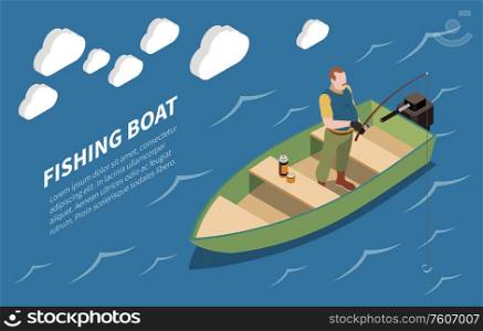 Water vessels ships with fisherman standing in fishing boat on lake isometric view isolated image vector illustration