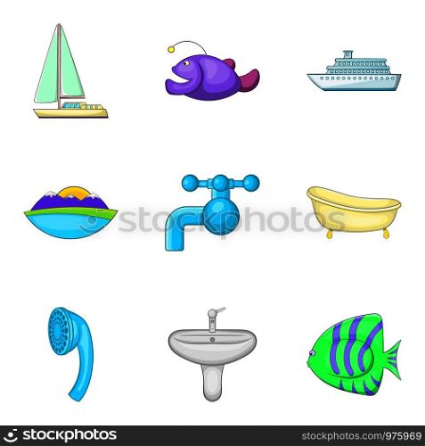 Water vocation icons set. Cartoon set of 9 water vocation vector icons for web isolated on white background. Water vocation icons set, cartoon style
