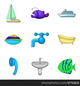 Water vocation icons set. Cartoon set of 9 water vocation vector icons for web isolated on white background. Water vocation icons set, cartoon style