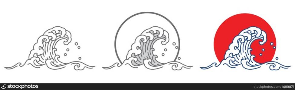 Water wave and big red sun illustration. Japanese style.