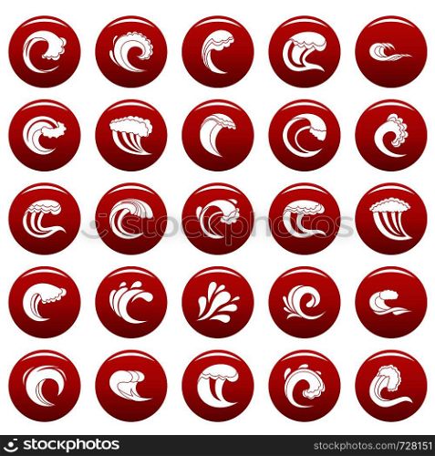 Water wave icons set. Simple illustration of 25 water wave vector icons red isolated. Water wave icons set vetor red