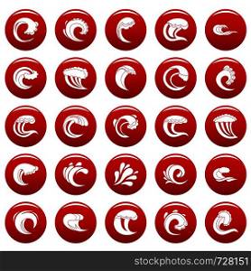 Water wave icons set. Simple illustration of 25 water wave vector icons red isolated. Water wave icons set vetor red