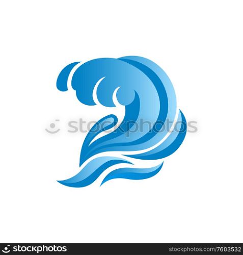 Water wave isolated marine splashes. Vector ocean or sea waves, wind surf gale swirls or streams. Ocean or sea wave isolated marine drops