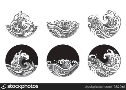 Water wave line art vector illustration. Single line and gray color tone and shadow shade. Japanese. Thai.