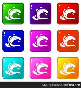 Water wave splash icons of 9 color set isolated vector illustration. Water wave splash set 9
