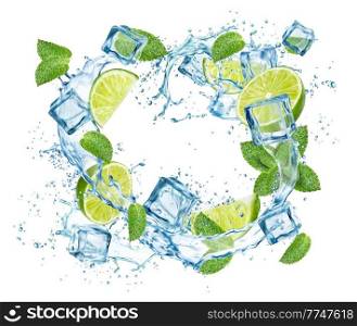 Water wave splash with lime, leaves and ice cubes. Mojito cocktail, lemonade drink. Vector 3d fresh lime and mint drink. Isolated frame with realistic frozen blocks, water and fruit pieces. Water wave splash with lime, leaves and ice cubes