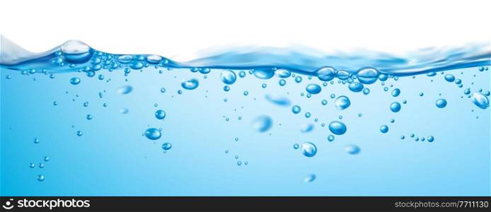 Water wave surface, water splash with ripple and air bubbles. Vector boiling liquid, fizzy abstract background with dynamic motion. Realistic 3d transparent aqua, randomly moving seether or fizzing. Water wave surface, water splash with air bubbles