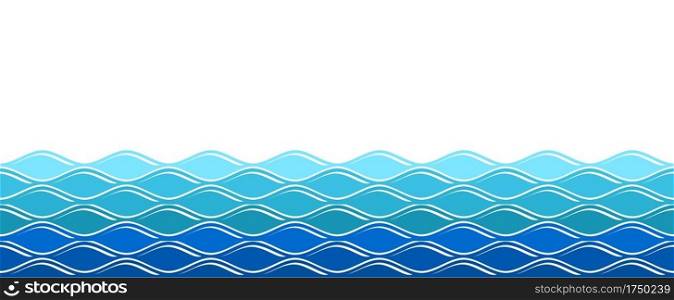 Water waves. Ocean surfing wave, isolated sea background. Abstract nature summer banner. Vector blue wavy seamless pattern. Illustration wavy curve, marine wave flowing seamless. Water waves. Ocean surfing wave, isolated sea background. Abstract nature summer banner. Vector blue wavy seamless pattern