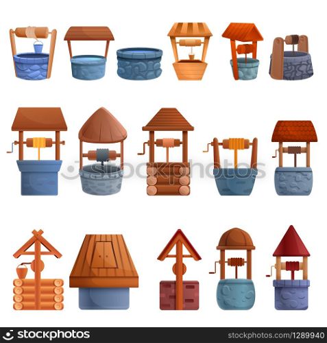 Water well icons set. Cartoon set of water well vector icons for web design. Water well icons set, cartoon style