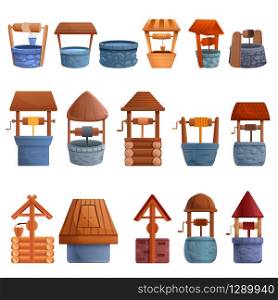 Water well icons set. Cartoon set of water well vector icons for web design. Water well icons set, cartoon style