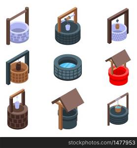 Water well icons set. Isometric set of water well vector icons for web design isolated on white background. Water well icons set, isometric style
