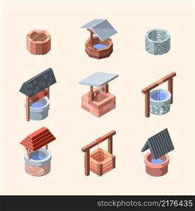 Water well. Outdoor decoration well from bricks and old stones garden water oasis garish vector isometric illustrations. Water well, rural village structure. Water well. Outdoor decoration well from bricks and old stones garden water oasis garish vector isometric illustrations