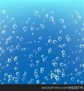 Water With Bubbles On Blue Ocean Background. Clear Soapy Shiny. Vector Illustration. Bubbles In Water. 3d Realistic Deep Water Bubbles.