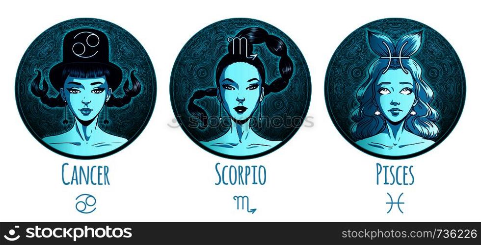 Water zodiac set, beautiful girls, Cancer, Scoprio, Pisces, horoscope symbol, star sign, vector illustration