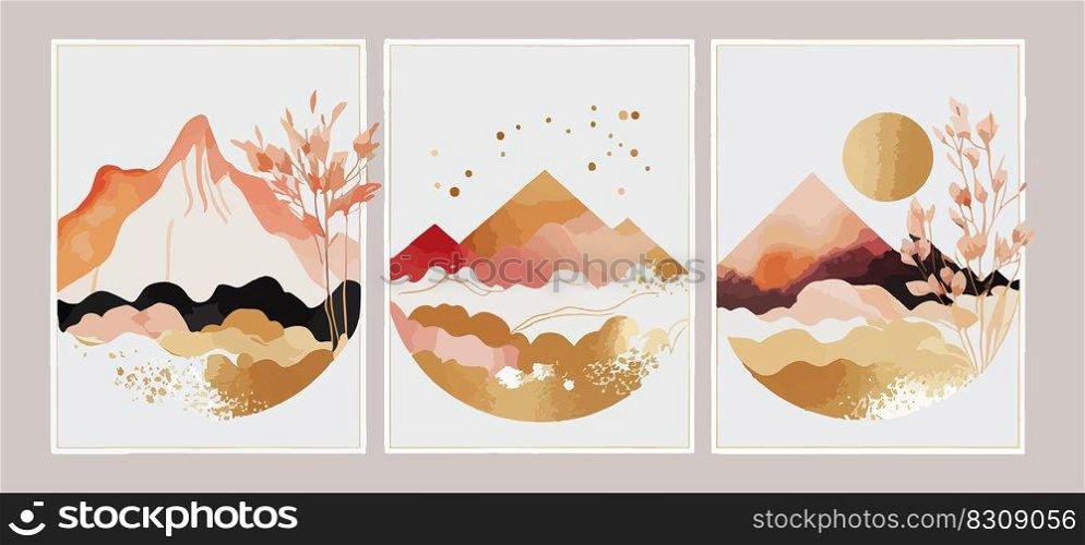 Watercolor Abstract Arrangements. Landscapes mountains. Posters. Vector illustration desing.