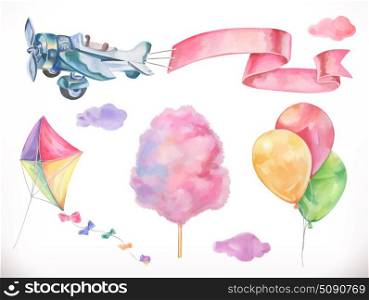 Watercolor air. Kite, airplane, cotton candy and clouds, balloons. Vector icon set