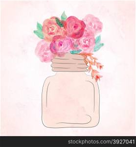 Watercolor art painted of beautiful flower in jar. Watercolor still life painting of flowers in vase.