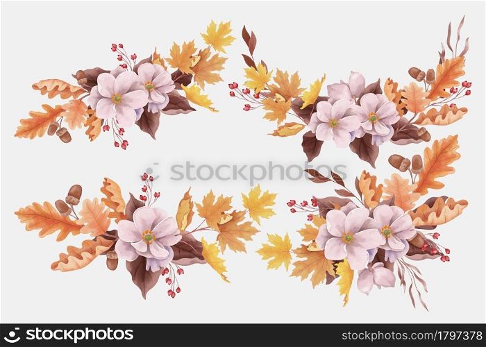 Watercolor autumn bouquets with leaves and acorns