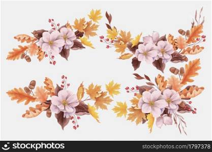 Watercolor autumn bouquets with leaves and acorns