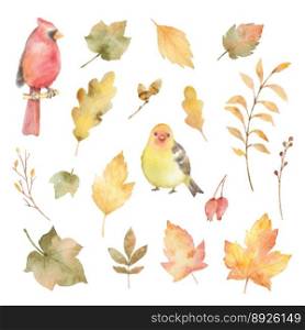 Watercolor autumn set of leaves and birds vector image
