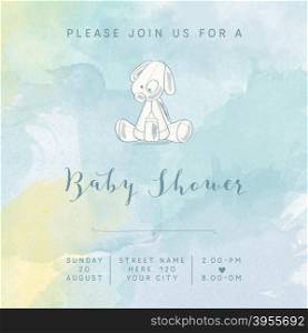 watercolor baby boy shower card with retro toy, vector illustration