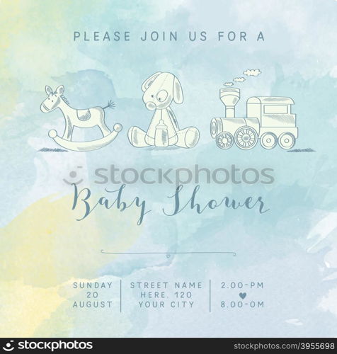 watercolor baby boy shower card with retro toys, vector illustration