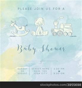 watercolor baby boy shower card with retro toys, vector illustration