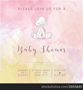 watercolor baby girl shower card with retro toy, vector illustration