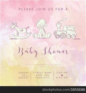 watercolor baby girl shower card with retro toys, vector illustration