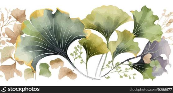 Watercolor bakground with ginkgo biloba plant. Vector illustration desing.