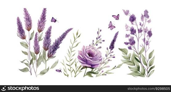 Watercolor bakground with lavender flowers and leaves. Vector illustration desing.