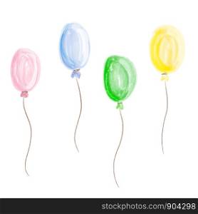 Watercolor balloons set on white background. Beautiful and colorful balloons for decoration for holidays.
