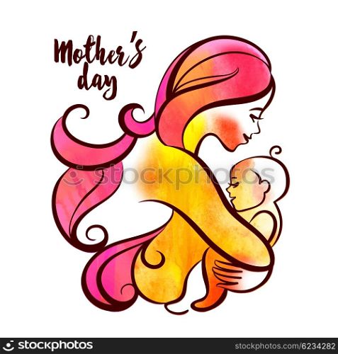 Watercolor beautiful mother silhouette with baby. Liner vector logo illustration on white background. Mother day card