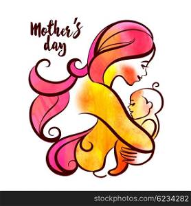 Watercolor beautiful mother silhouette with baby. Liner vector logo illustration on white background. Mother day card