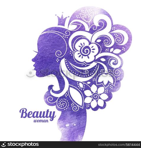 Watercolor beautiful woman silhouette with flowers. Vector illustration
