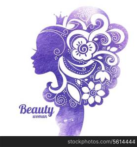 Watercolor beautiful woman silhouette with flowers. Vector illustration