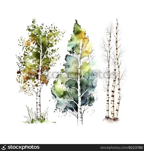 Watercolor birch trees Russia tree Design element for wallpapers, web site background Vector illustration.