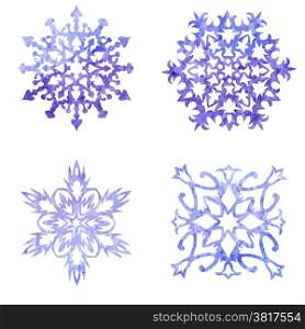 Watercolor blue painted set of Christmas snowflakes