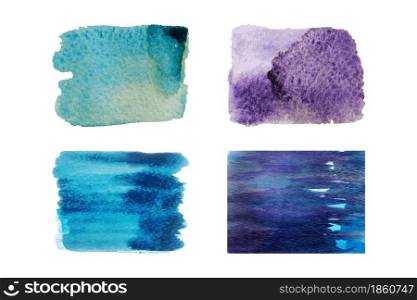 Watercolor brushstroke, paintbrush paint stains for your text and design element, isolated on white background. Abstract grunge texture vector illustration set. Blue, purple colors
