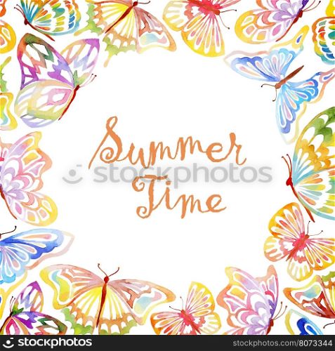 Watercolor Butterfly Frame With Place For Your Text. Vector Illustration.. Frame