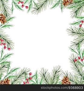 Watercolor Christmas frame with winter fir and pine branches, berries and pine cones. Design New Year illustration for greeting cards, frames.