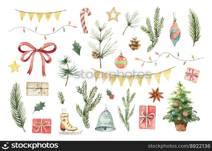 Watercolor christmas set with fir branches vector image