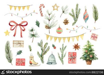 Watercolor christmas set with fir branches vector image