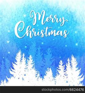 Watercolor Christmas vector background with winter snowy landscape. New Year greeting card with fir tree.