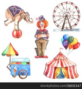 Watercolor circus decorative icons set with elephant clown and ferris wheel isolated vector illustration. Watercolor Circus Set