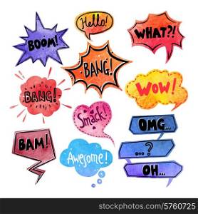 Watercolor comics speech bubble with expressions stickers set isolated vector illustration. Watercolor Comics Bubble Set