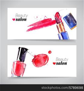 Watercolor cosmetics banner set. Vector beauty illustration