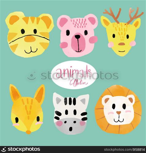 watercolor cute wild animal faces collection set , lion, tiger, bear, deer, horse, fox